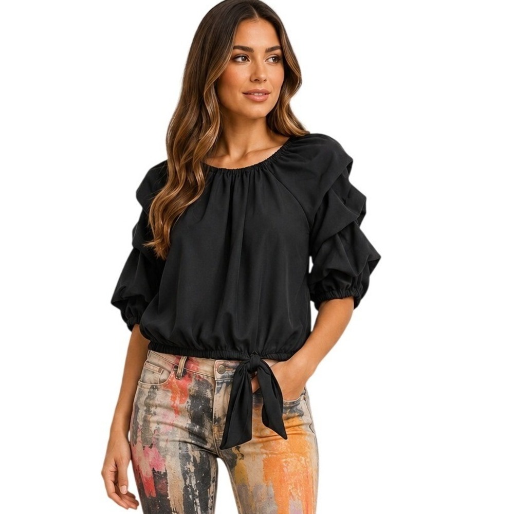 Vince Camuto Blouse Womens Size M Black Ruffle Sleeve Off Shoulder Tie Hem Top